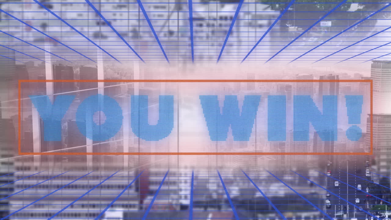 도시 풍경의 공중 전망에 대한 그리드 네트워크를 통해 텍스트 배너를 이기는 디지털 애니메이션