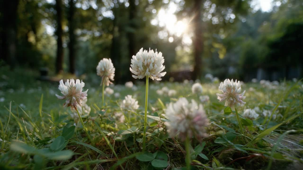 A tranquil morning scene adorned with delicate white clovers basking in the golden sunlight, surrounded by vibrant greenery and soft shadows in a serene forest setting