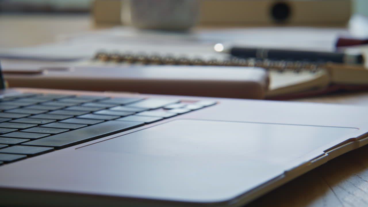 Freelancer fingers texting keyboard at home closeup. Lady pushing laptop buttons