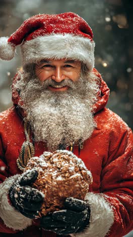 santa claus holding a snow-covered treat in a winter wonderland