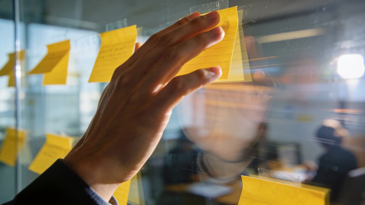 Placing adult right hand in dark coat aligning pressing yellow sticky note on glass during planning