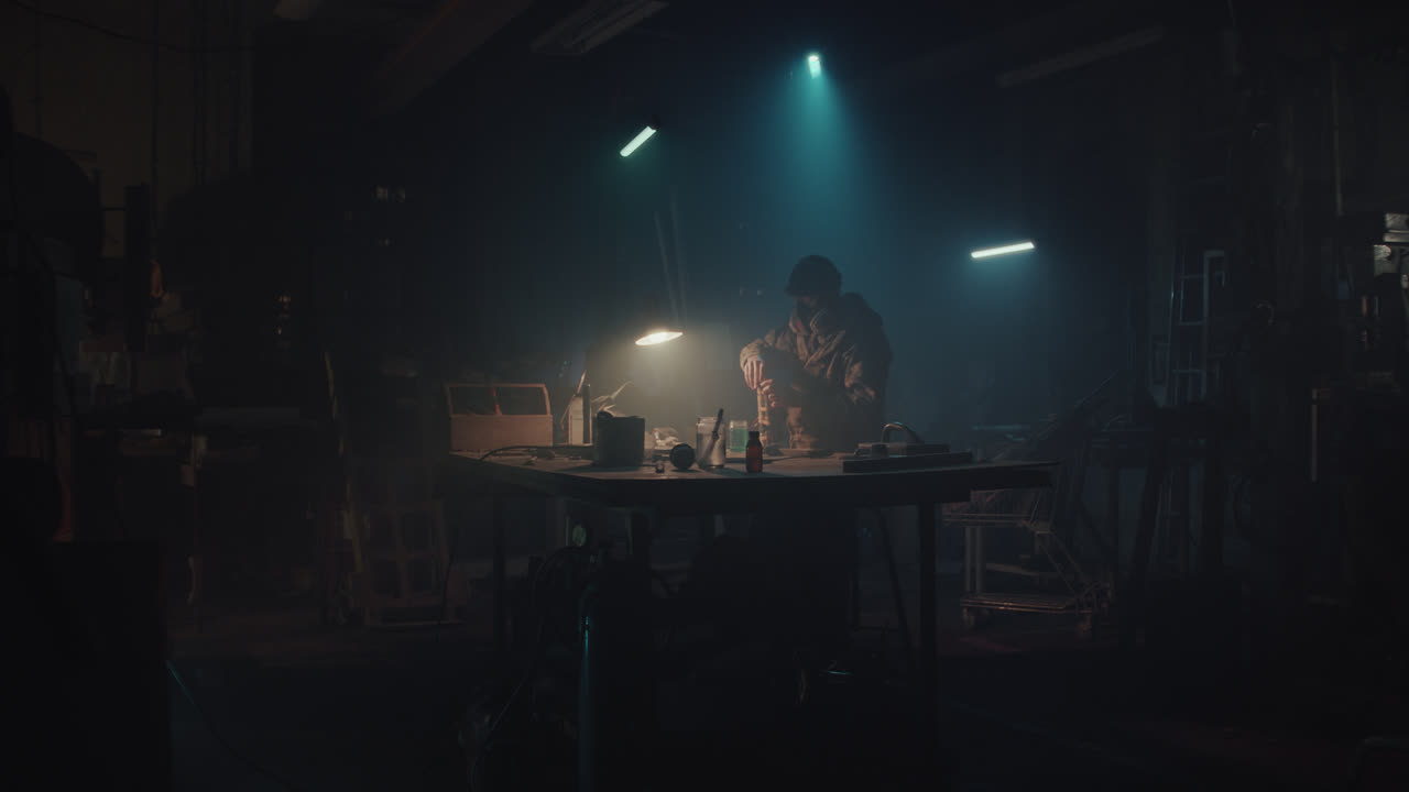 A bombmaker assembles a bomb in his workshop at night