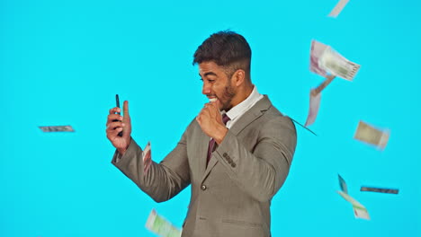 Money-rain,-winning-man-and-phone-isolated