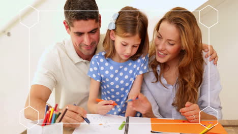 family drawing together, geometric shapes animation over happy parents and child