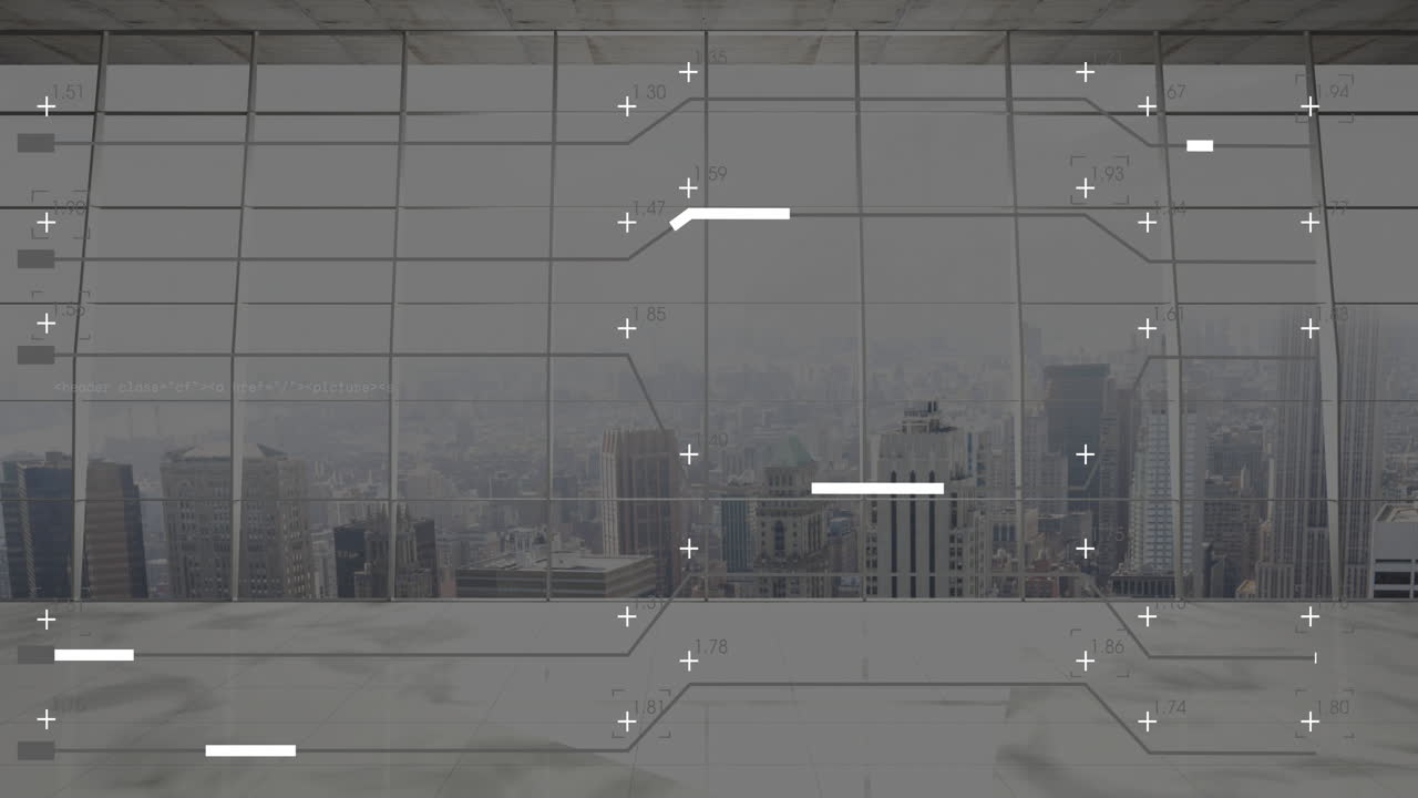 City skyline through large windows with geometric data overlay animation