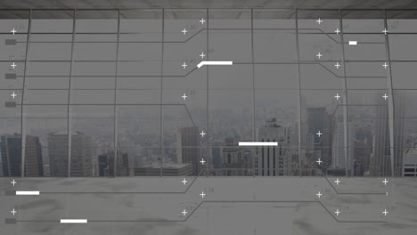 city skyline through large windows with geometric data overlay animation