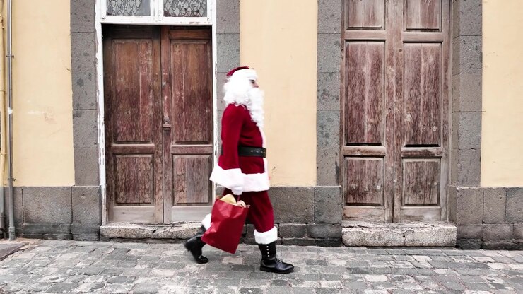 Noel Baba, Noel hediyeleriyle dolu alışveriş çantalarını taşıyarak şehir caddesinde yürüyor