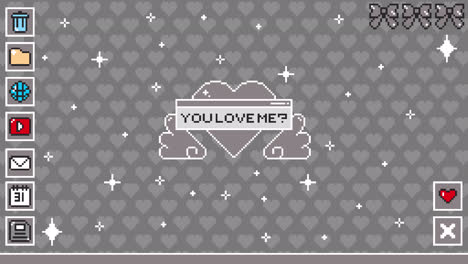 pixel art desktop background with 'you love me?' pop-up and choice options