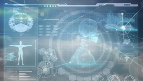 animation of networks of connections and medical data processing over sky