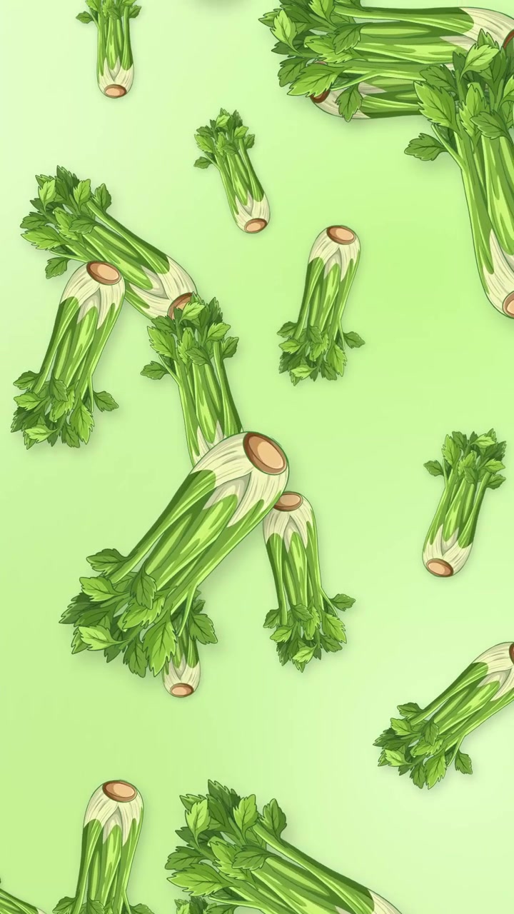 Vertical animation of fresh celery stalks falling against a soft green gradient background.
