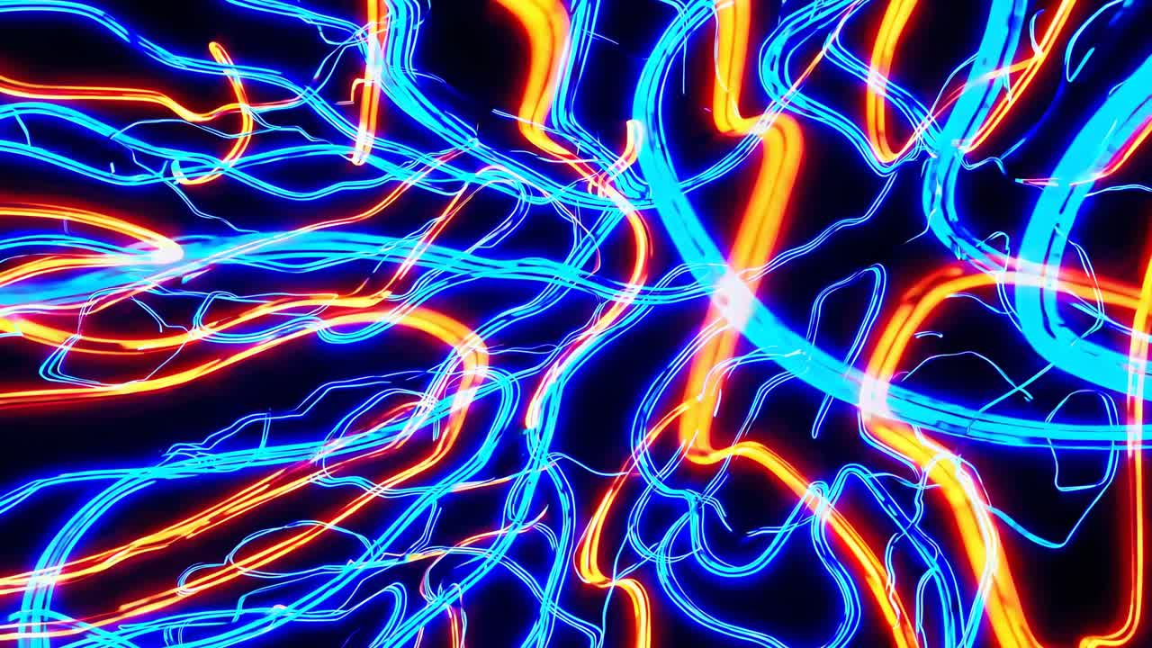 Dynamic abstract video art with vibrant neon light trails in blue and orange