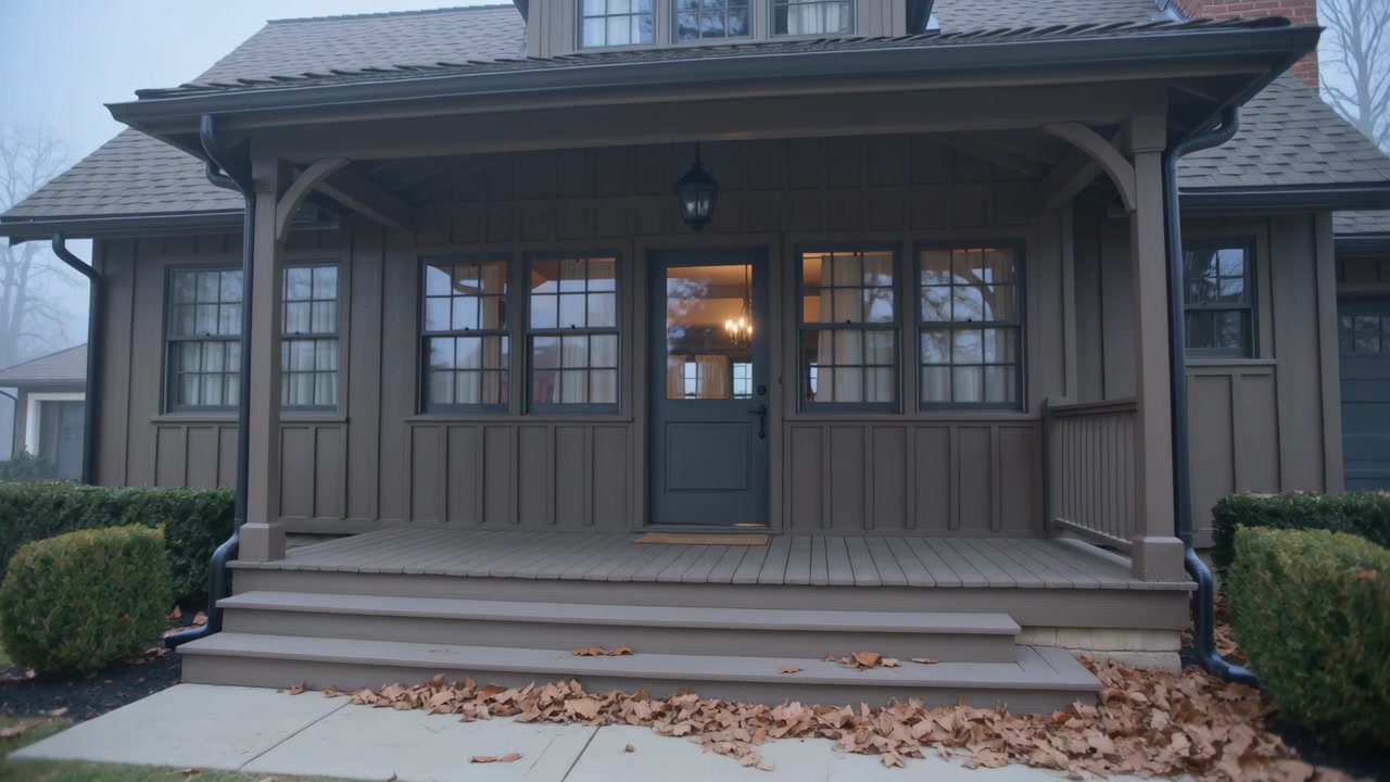 Ön bahçedeki iki katlı kahverengi Craftsman tarzı eve yaklaşan kamera, sundurma fenerini gösteriyor.