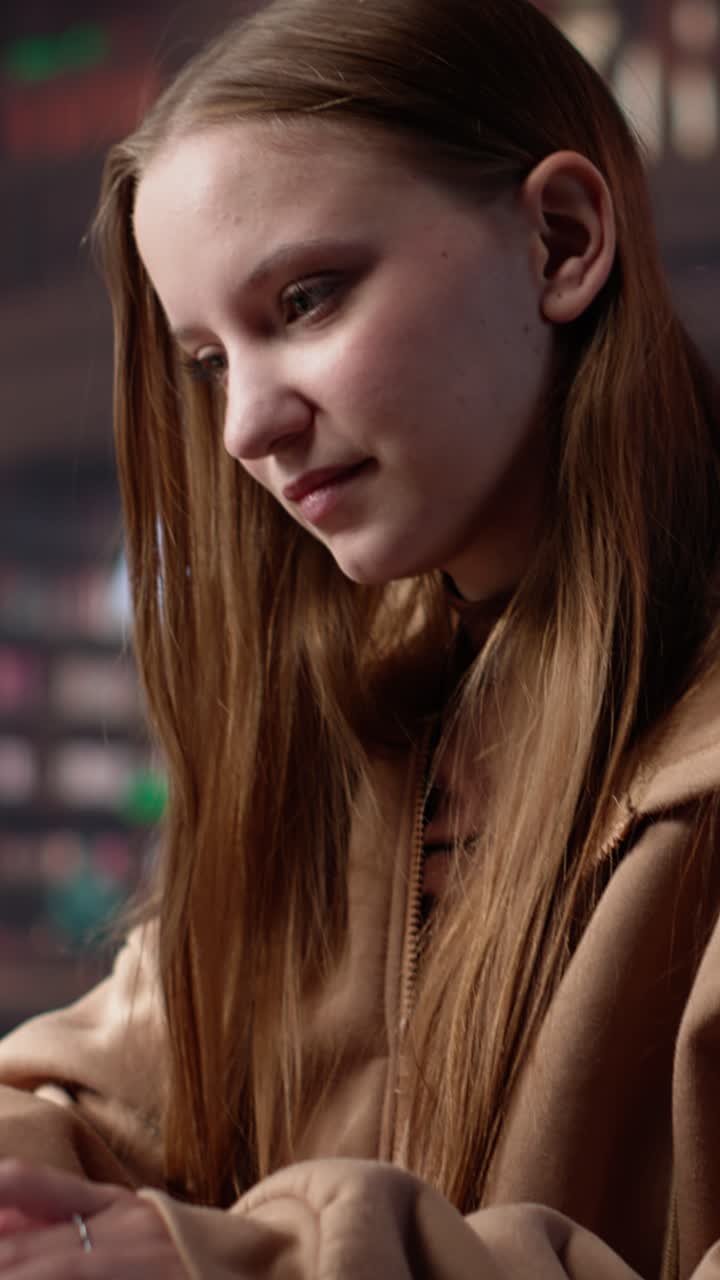 Vertical video female student makes final preparations for her university periodicals