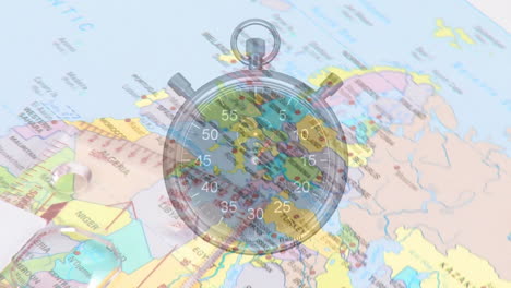 Animación-Del-Cronómetro-Sobre-El-Mapa-Mundial-Giratorio-Y-La-Brújula