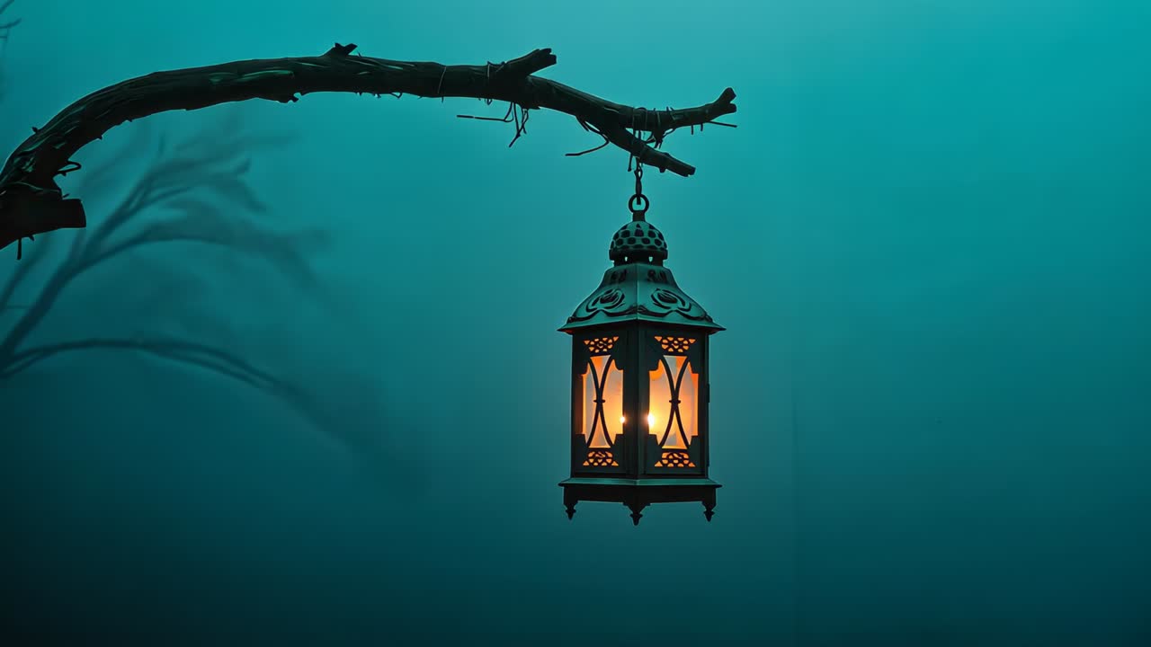 Swinging ornate lantern on gnarled branch in teal mist, light breeze making candle flame flicker