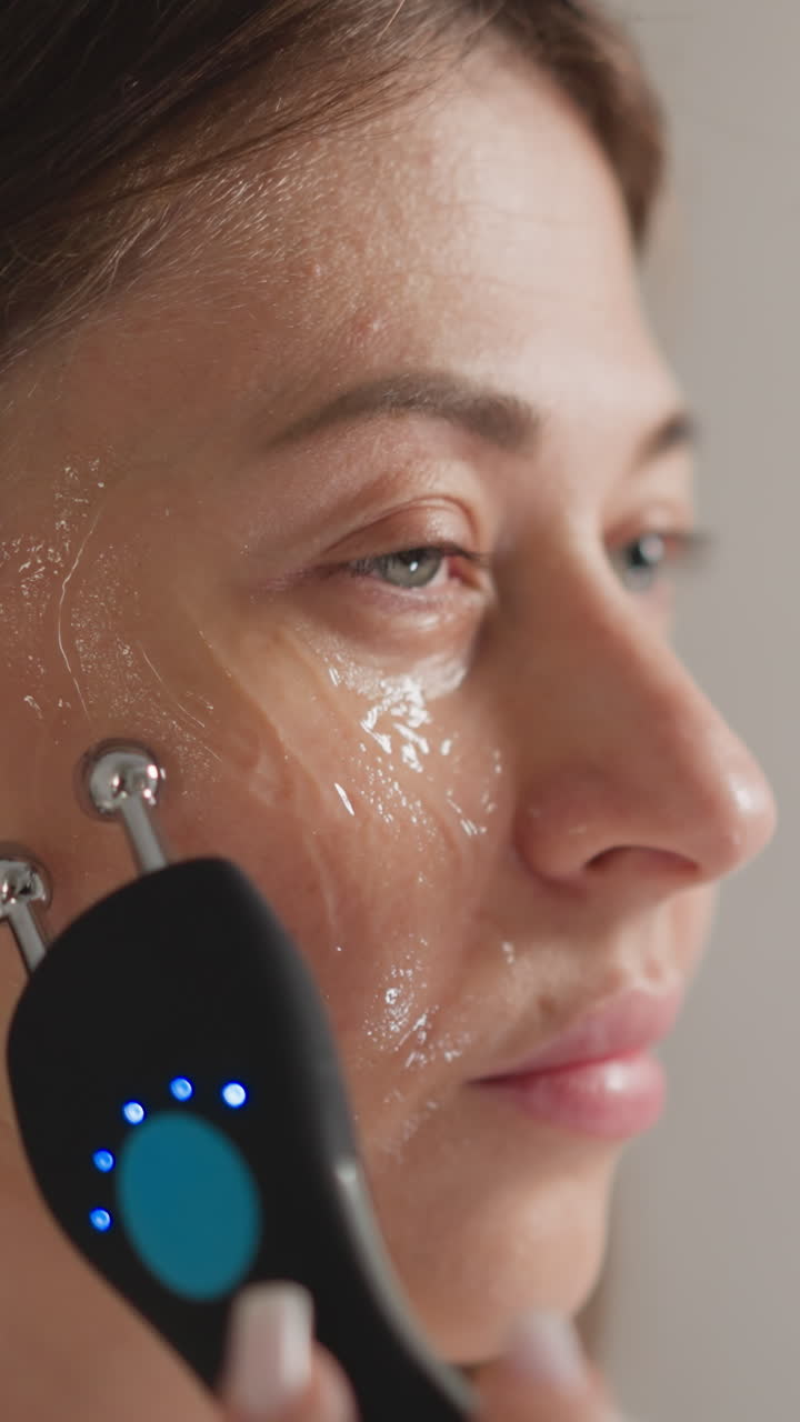 피부 리프팅을 위해 미세 전류 절차를 수행하는 여성. 갈색 여성은 화장실에서 마이크로 전류를 사용하여 눈 근처의 얼굴 피부에 마사지 움직임을 수행합니다.