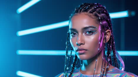 captivating portrait of a young model with intricate braids and stunning makeup illuminated by neon lights in a futuristic setting