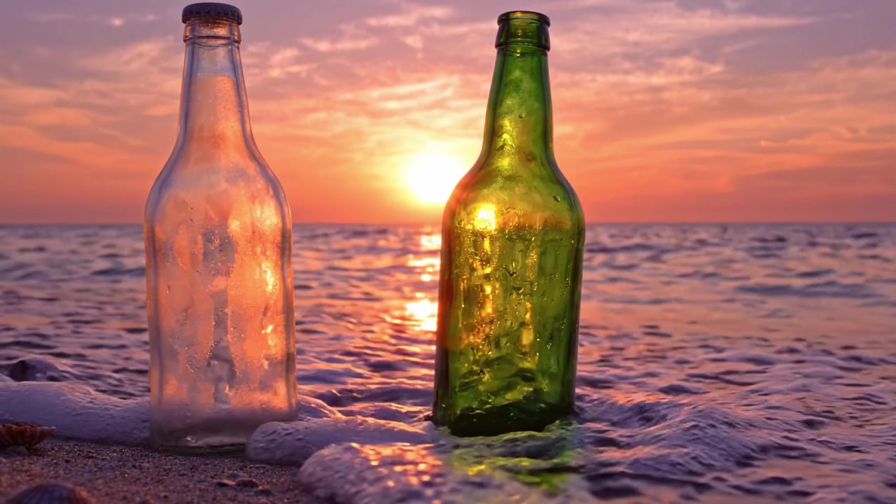 Kaksi erottuvaa lasipulloa heijastaen henkeäsalpaavan auringonlaskun värejä rauhallisen rannan yllä, vangiten luonnon tyyneyden ja iltataivaan kauneuden.
