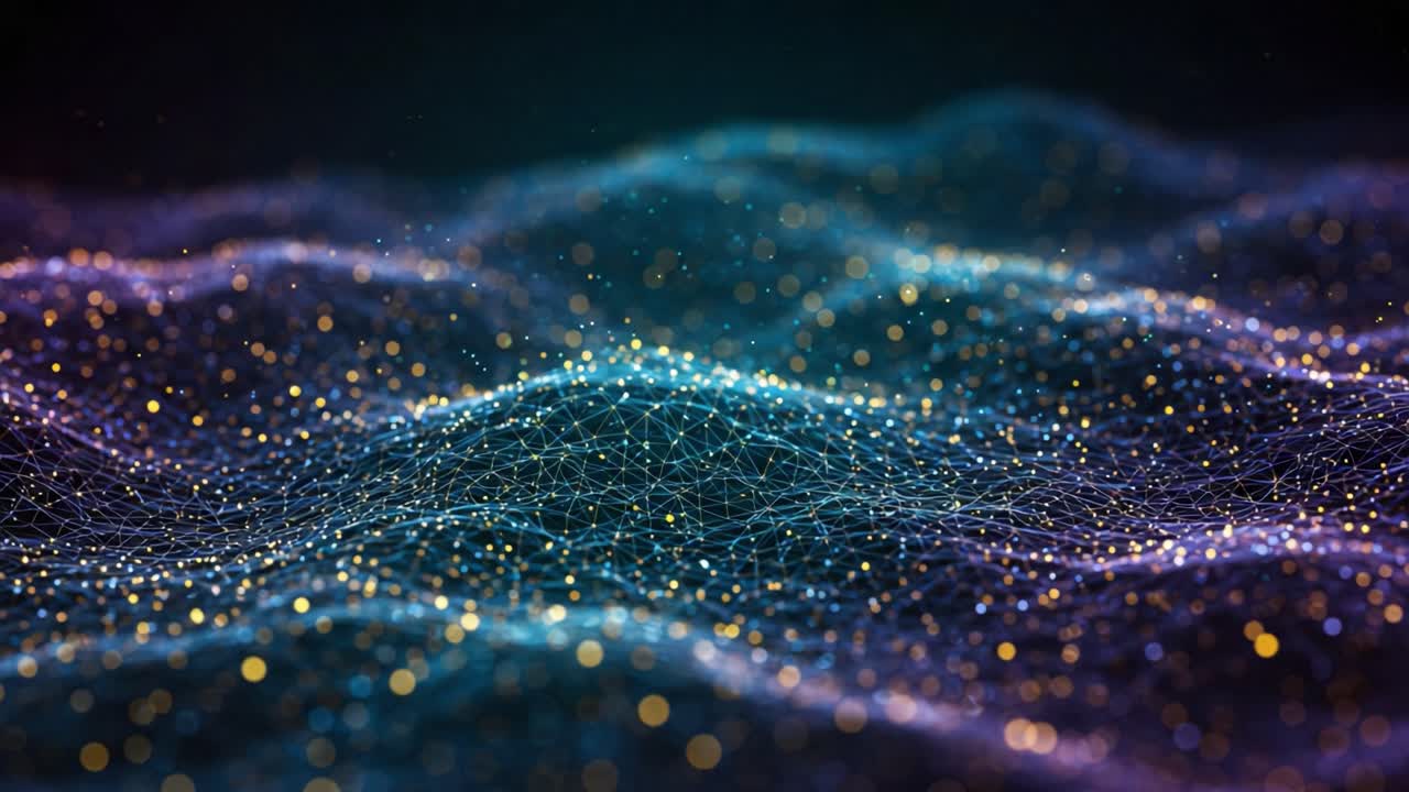 A mesmerizing visual representation of interconnected networks resembling ethereal waves, shimmering with vibrant colors and illuminated particles, creating a captivating digital landscape