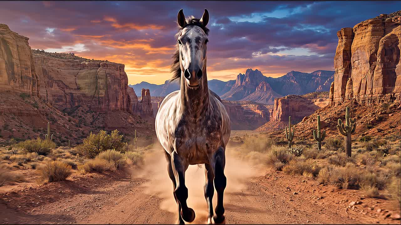 Spotted horse galloping through canyon desert path with towering red rock cliffs and glowing sunset sky