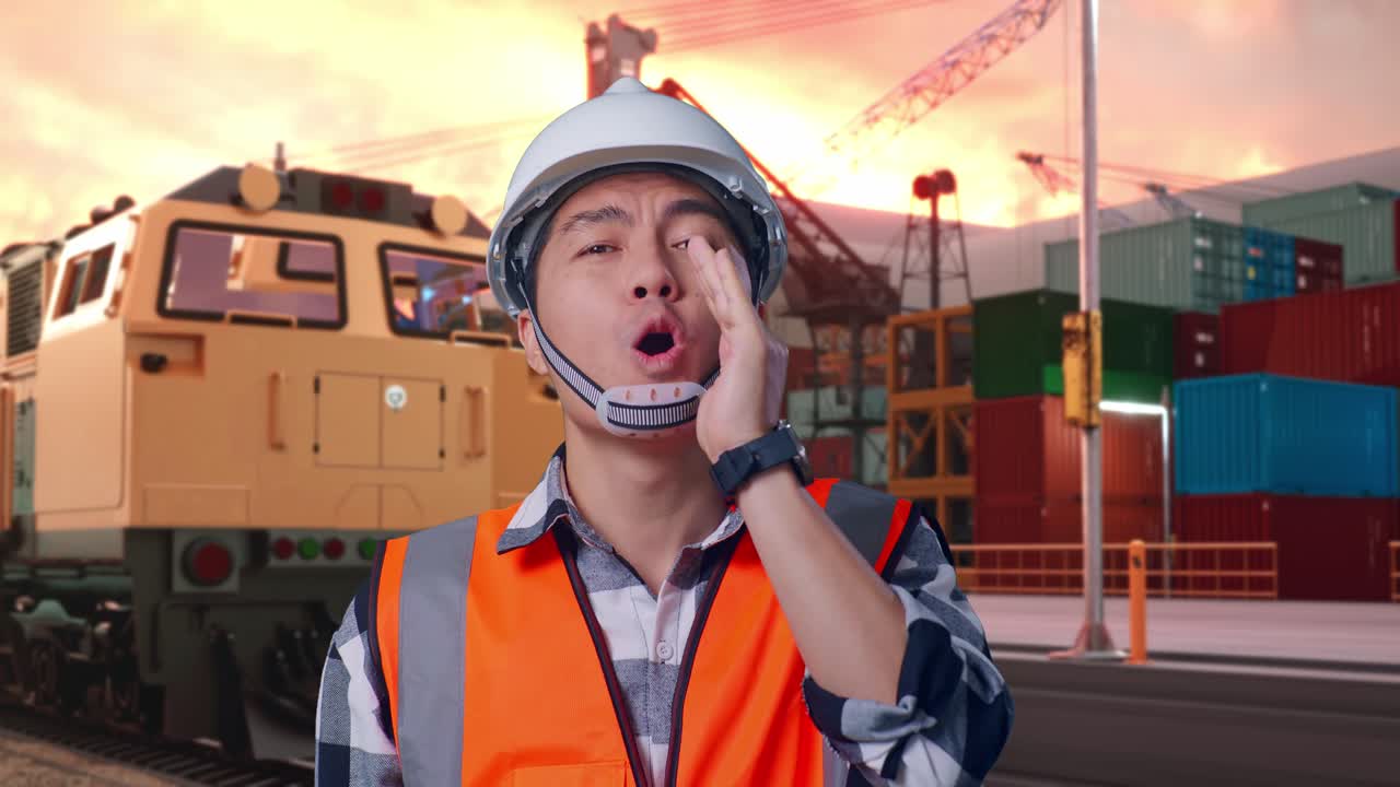 Construction Worker Shouting at Port with Train in Background