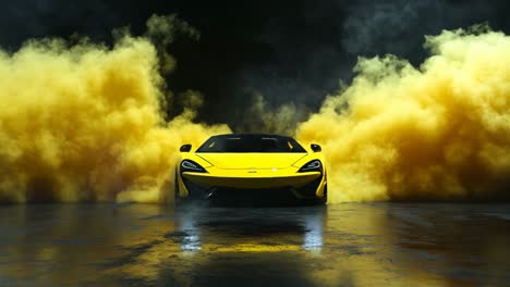 yellow supercar in yellow smoke