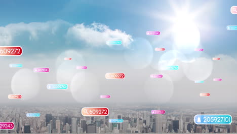 animation of social media icons and numbers on multi coloured banners over cityscape