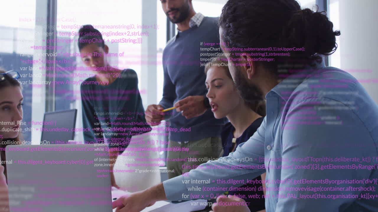 Collaborating on animation project, business team using computer with code overlay