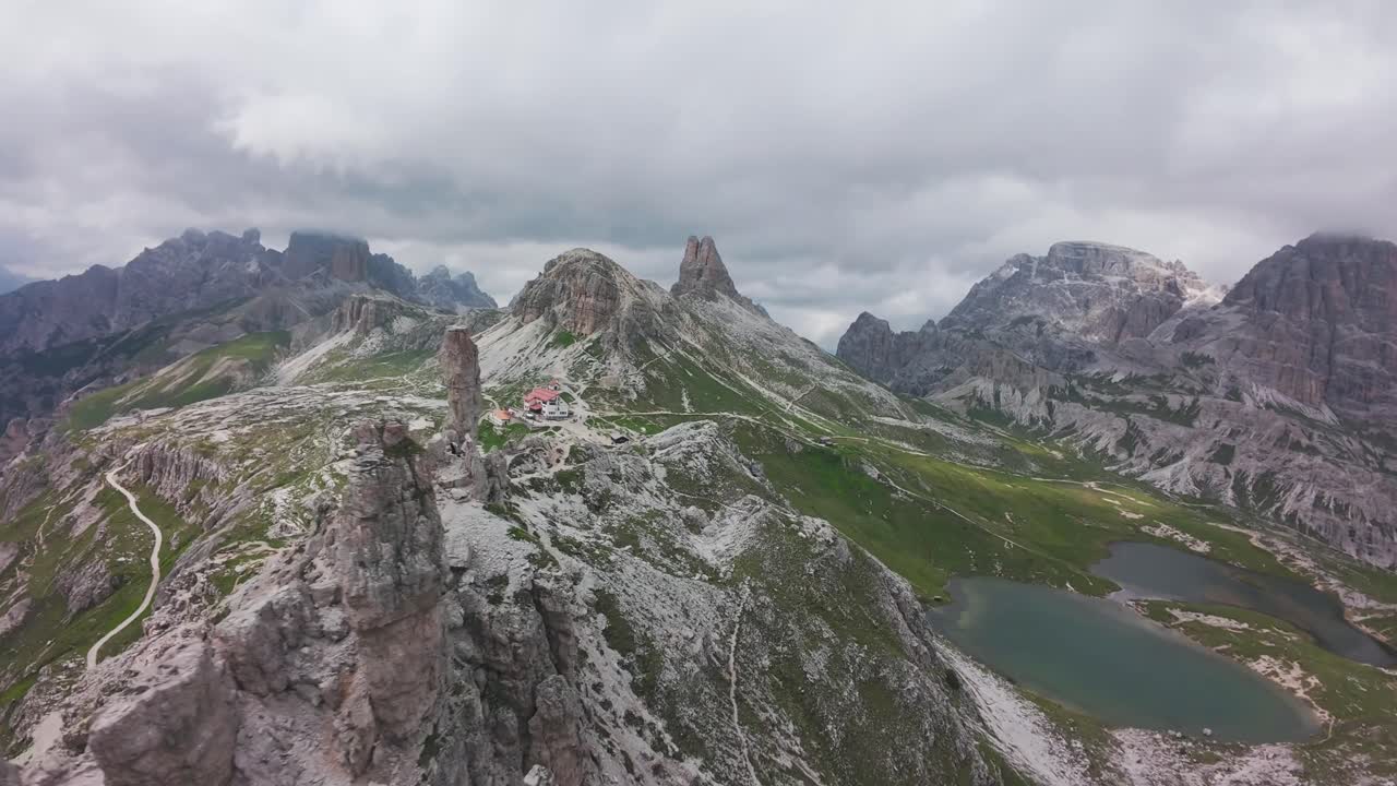 Aerial view of mountain landscape in the Dolomites, Italy on a sunny day