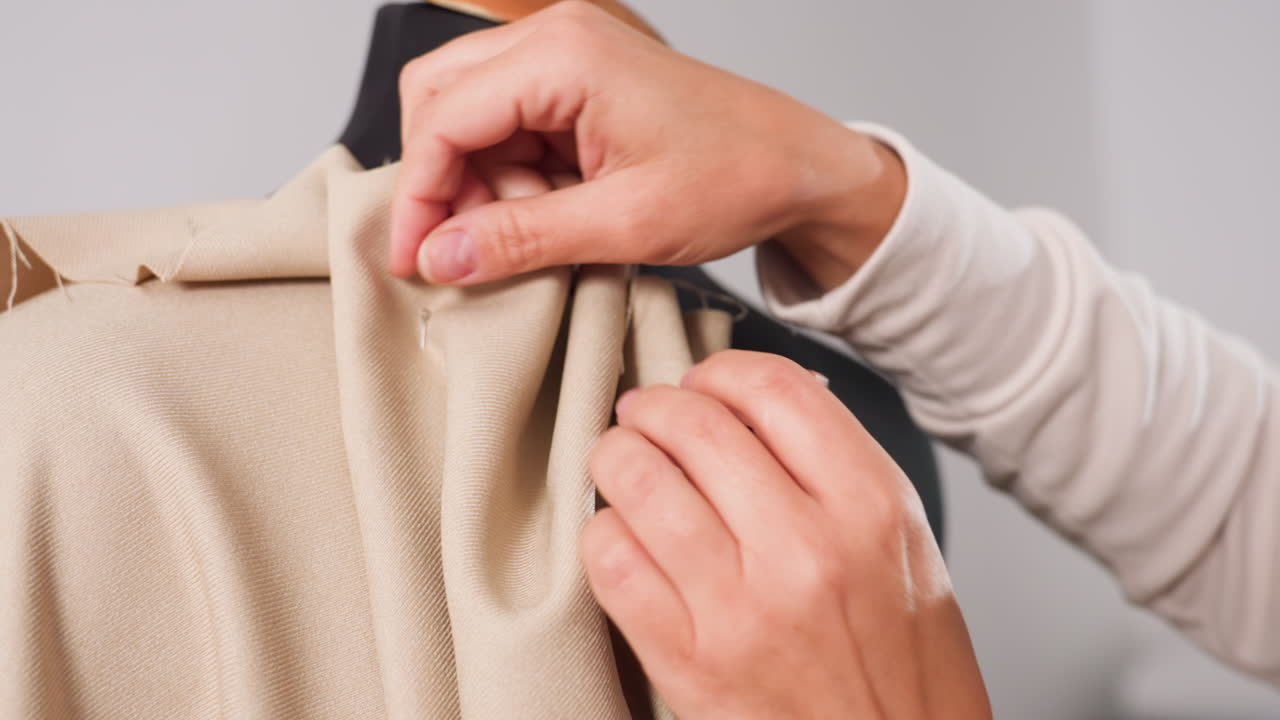 Clothing designer removing needle from pinned fabric on mannequin, adjusting material, ensuring proper drape, skillfully placing pin, demonstrating professional technique for polished garment finish