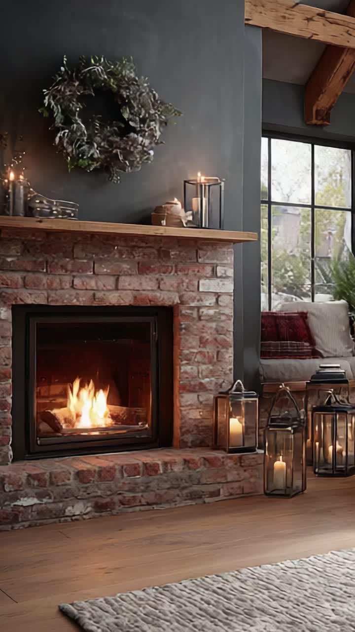 Soggiorno accogliente e invitante con un bellissimo caminetto, lanterne eleganti e una ghirlanda stagionale, perfetto per rilassarsi e per riunioni in un’atmosfera calda