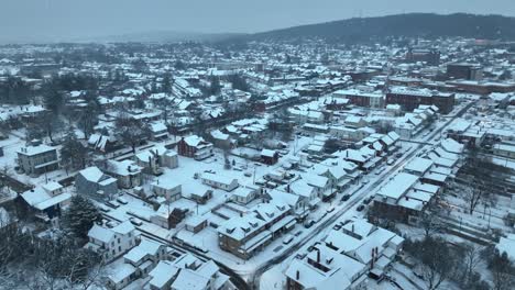 snow blankets a small town, streets lined with houses, muted winter day