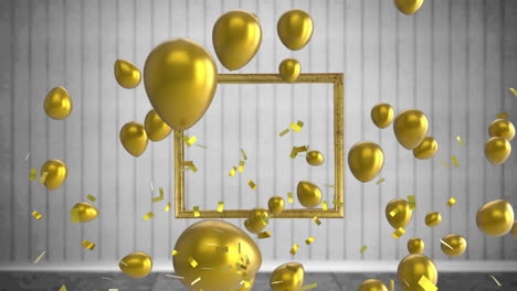 animación de globos de oro en ascenso y confeti sobre un marco de imagen de oro, en rayas grises y blancas