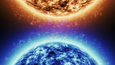 estrella azul contra estrella roja. superficie solar roja con llamaradas solares contra sol azul aislado en negro. superficie solar altamente realista con espacio para su texto o logotipo 4k.