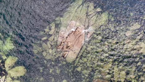 Rocky-island-surrounded-by-clear-water,-aerial-view