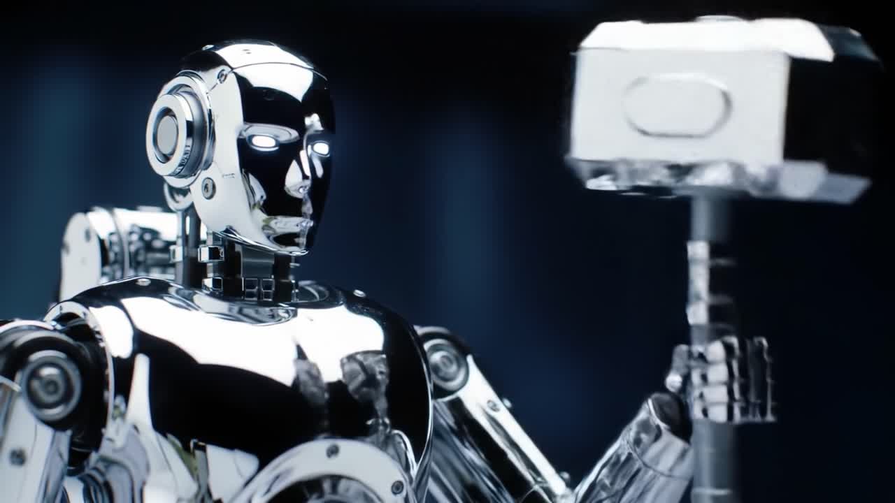 A Stunning Futuristic Robot Holding a Hammer: A Glimpse into Advanced Robotics and Metallic Design in a High-Tech Environment