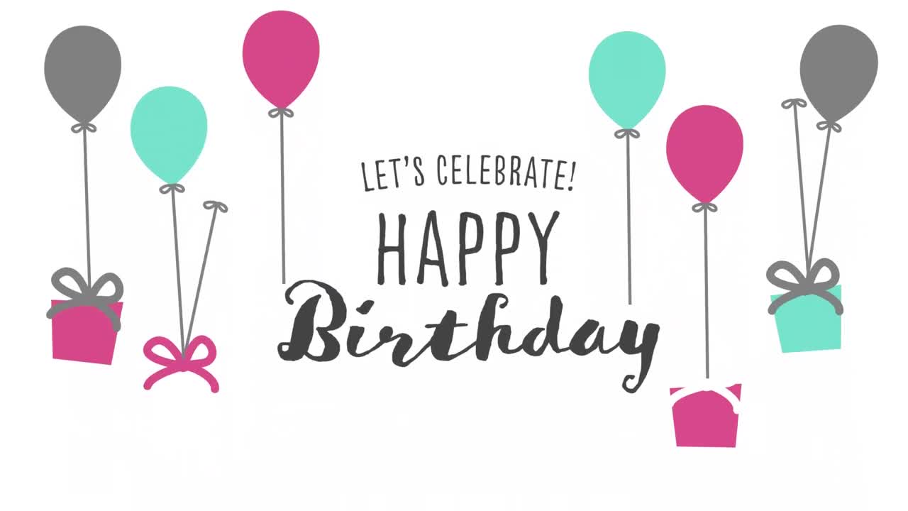 생일 축하 텍스트와 선물 상자에  ⁇ 인 풍선이 떠다니는 아가의 디지털 애니메이션
