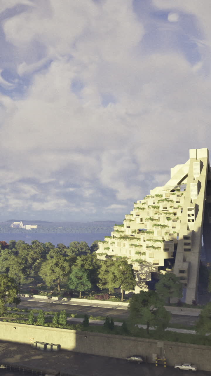 Unique architectural design along a river shoreline with cloudy sky