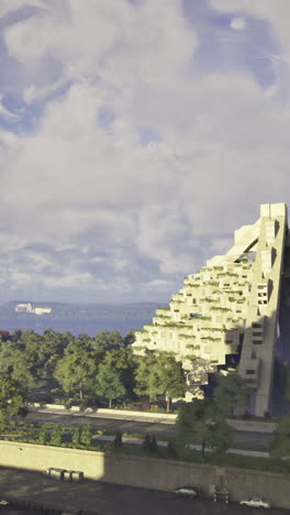 unique architectural design along a river shoreline with cloudy sky