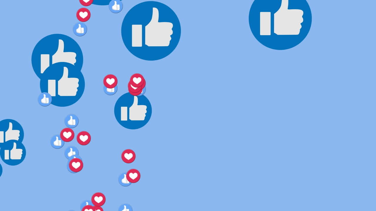 Animazione di icone digitali di cuori e pollici in su dei social media che fluttuano su sfondo blu
