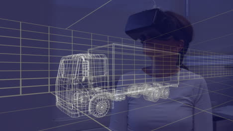 animación de un dibujo de coche en 3d sobre una mujer con auriculares vr