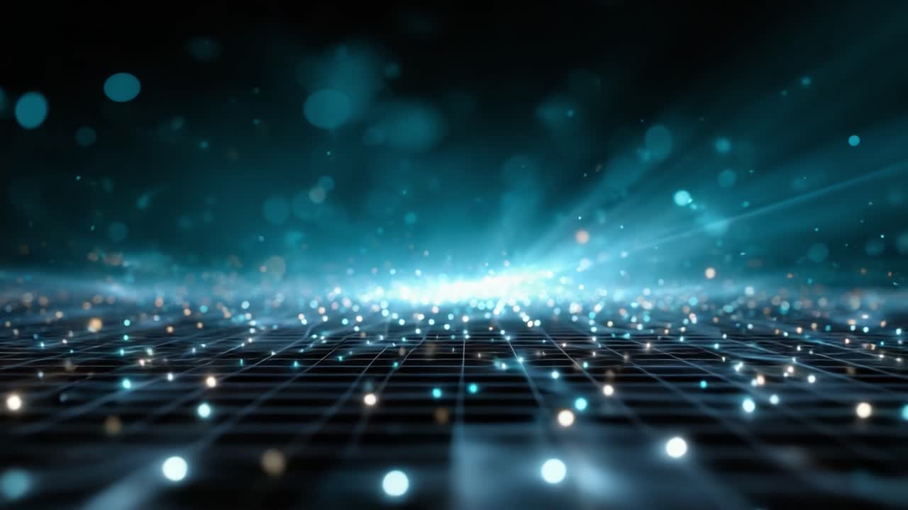 A Mesmerizing Display of Light and Particles, Capturing the Dynamic Interaction of Colors in a Futuristic Grid Environment, Perfect for Visual and Digital Art Enthusiasts