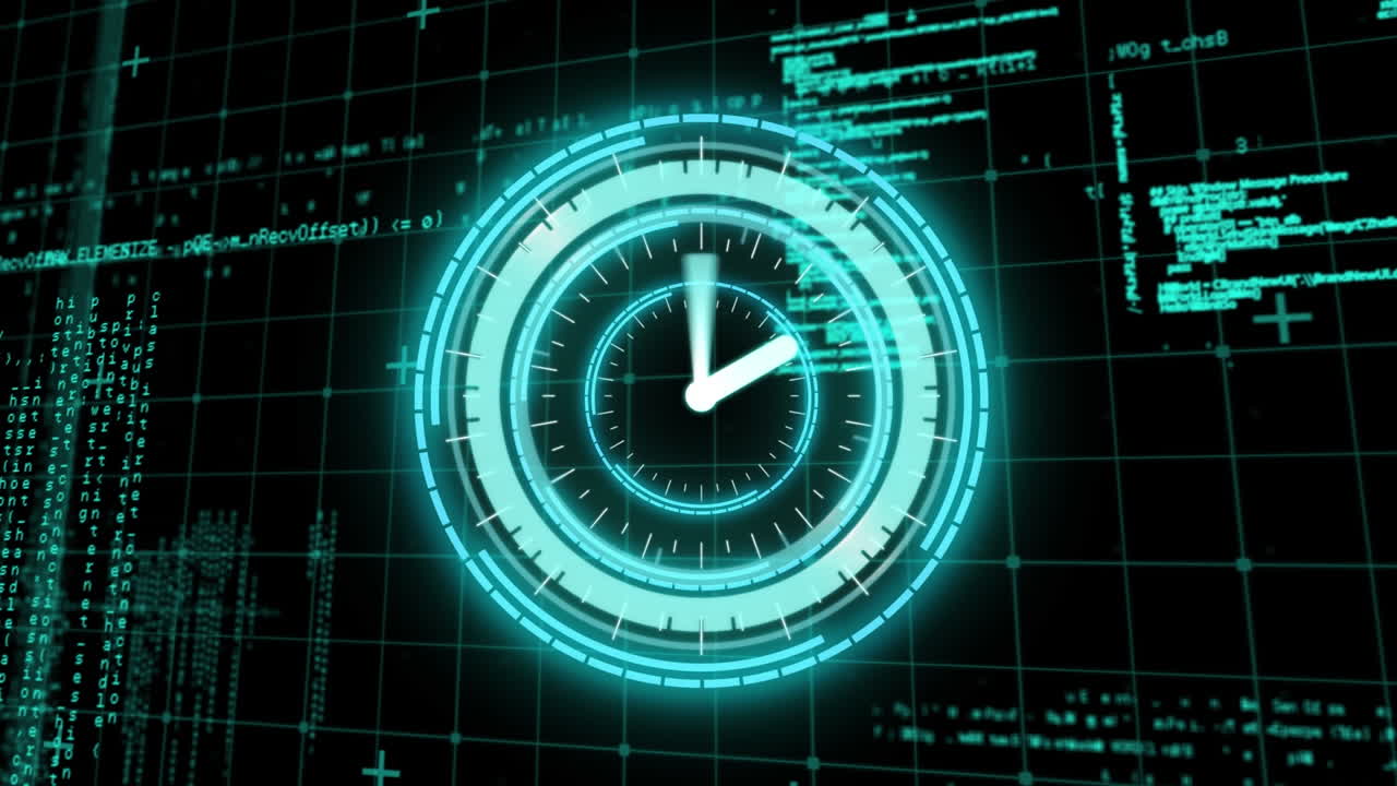 Animation of scope scanning with clock over data processing on black background