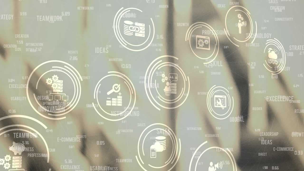 Network of digital icons and business concept texts against warehouse in background