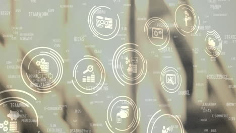 red de iconos digitales y textos de conceptos empresariales contra el almacén en el fondo