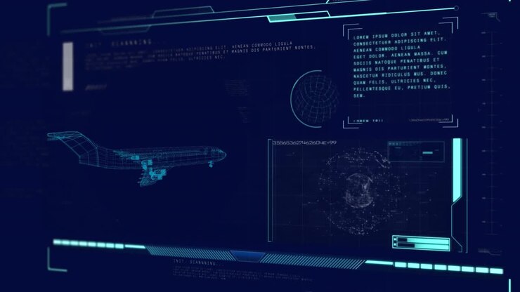 Animation of 3d airplane drawing with scope scanning and data processing