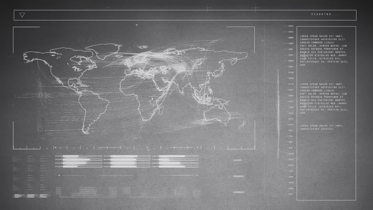 Animation of world map and data processing on grey background