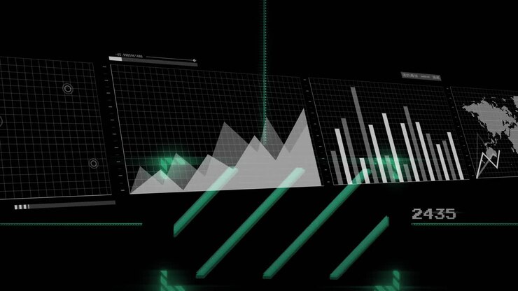 Animation of digital data processing over dark background