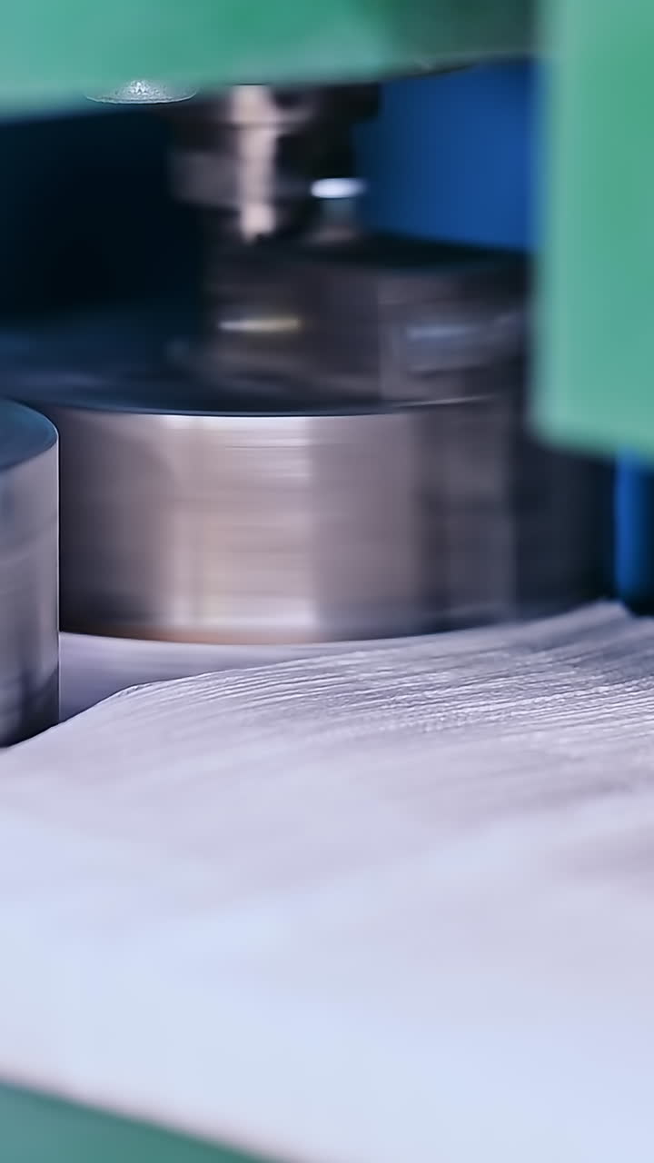Thick spinning metal shafts pushing the fabrics for future diapers. Stack of non-woven cloths for nappies. Close up. Vertical video