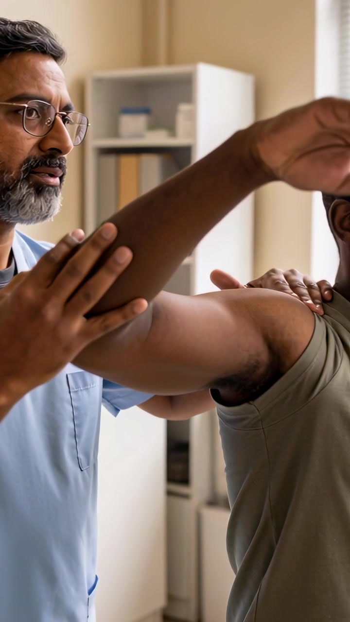 Vertical video: Placing hands PT in scrubs guiding man raising right arm for shoulder ROM in clinic